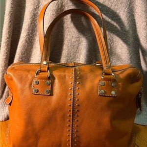 Elegant Cognac Leather Satchel with Stud Accents